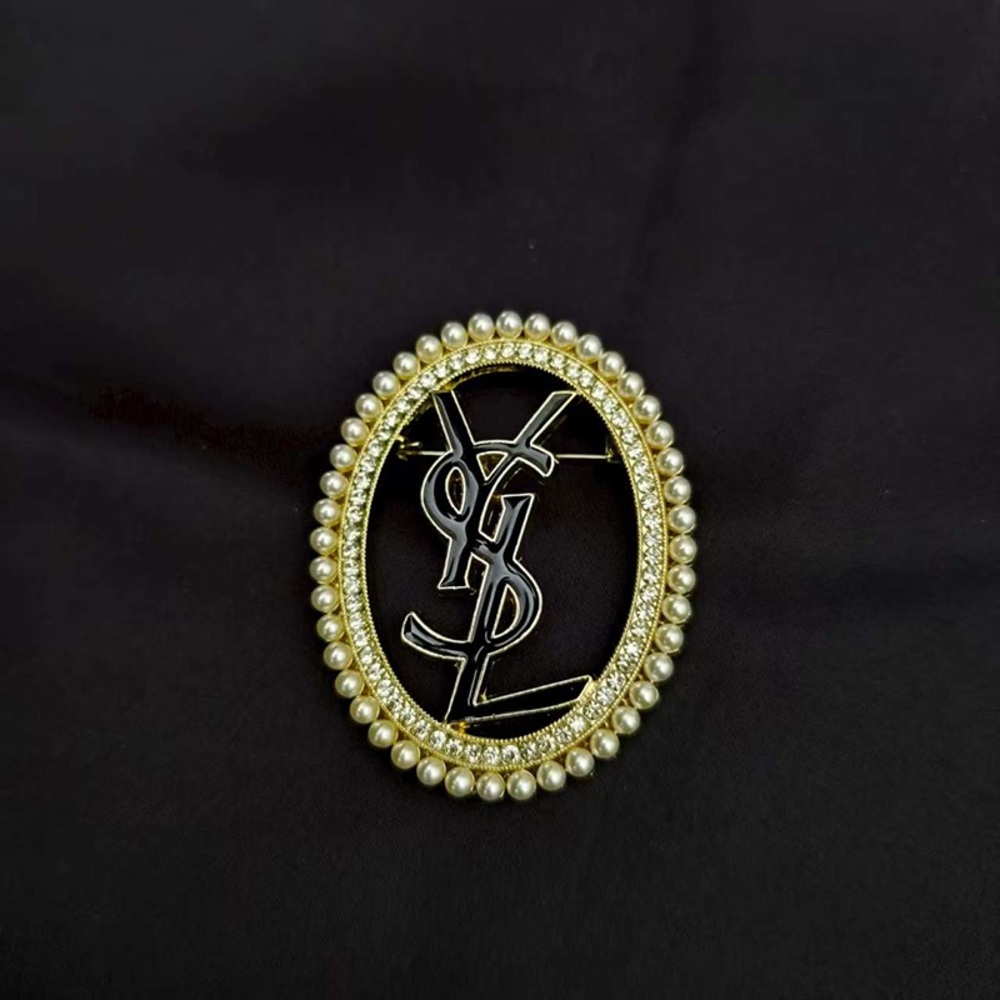 Yves Saint Laurent Vintage Gold Brooch YSL Logo With Stones And Pearls - Picture 5 of 6